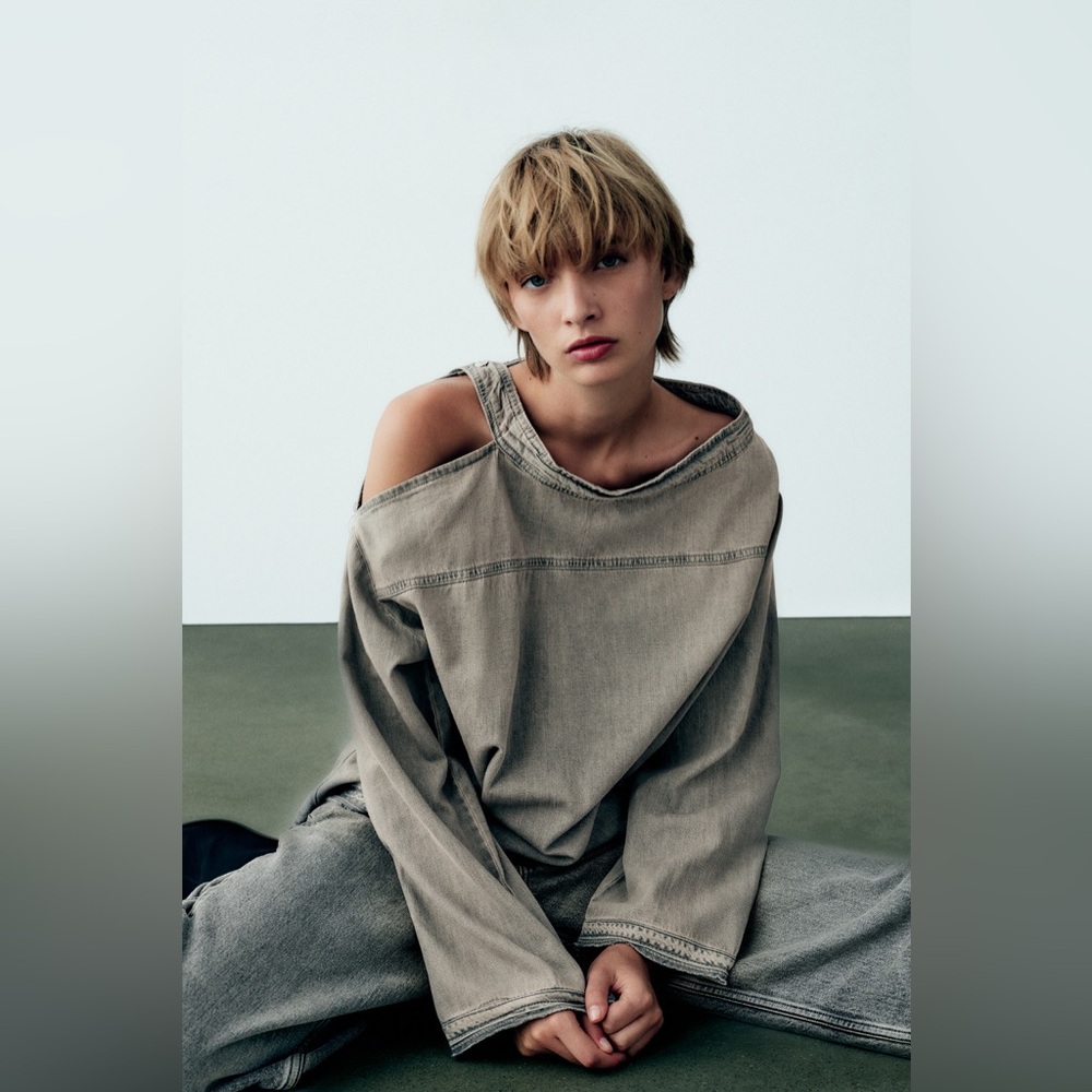 BNWT denim Zara Beige-Grey Off-Shoulder Long Sleeve Top.